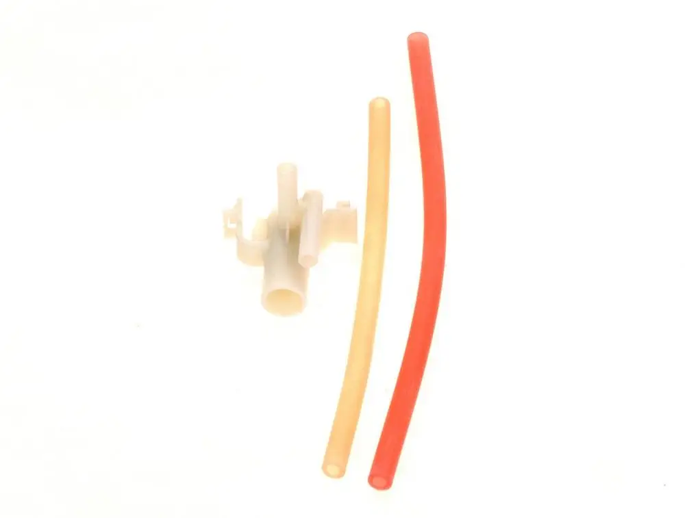 BOSCH Druckleitung bestehend aus einem Verbindungselement und zwei farbigen Schläuchen in orange und rot.